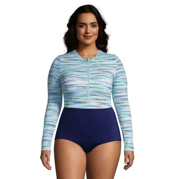 LANDS' END Plus 22W Long Sleeve UPF 50 Full Top Coverage Zip Front Swimsuit - Picture 1 of 13